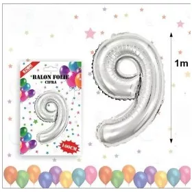 Balon din folie metalizata, 100 cm, argintiu, cifra 9