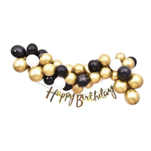 Set aranjament baloane Happy Birthday, auriu/negru, 45 buc.