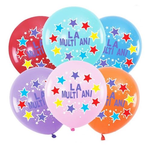 Set 6 baloane "La multi ani", diverse culori, model stelute, 30 cm
