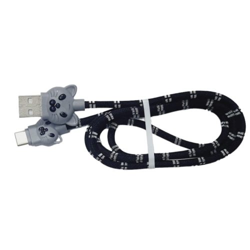 Cablu date si incarcare Type-C, 1 metru, 3A, model pisicuta, negru