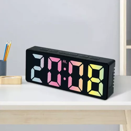 Ceas de masa digital LED DS-3806C, carcasa neagra si afisaj multicolor