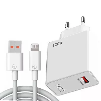 Incarcator casa fast charger 120W, 1 port USB, QC 5.0, cablu Lightning 6A inclus, alb