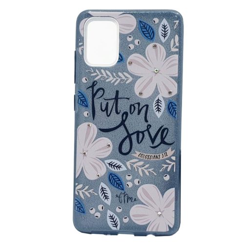 Husa Flowers Glitter pentru Samsung Galaxy S20 Ultra, cu mesaj, gri