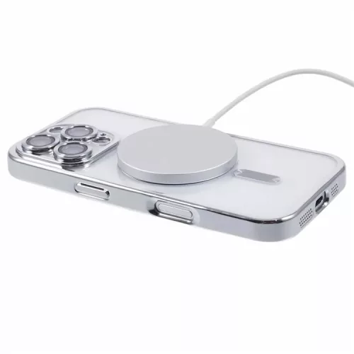 Husa Apple iPhone 15, Magsafe Electroplating TPU, protectie camera, margini argintii