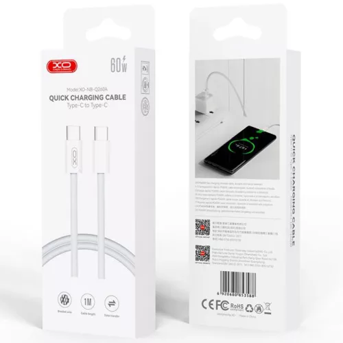 Cablu de date si incarcare XO NB-Q260A, Type-C to Type-C, PD60W/3A, 1 metru, impletit, alb