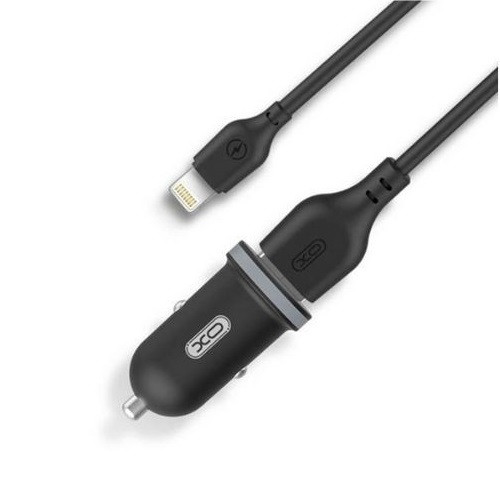Încărcător auto XO TZ08, dual USB, 2.1A, cablu lightning inclus, negru