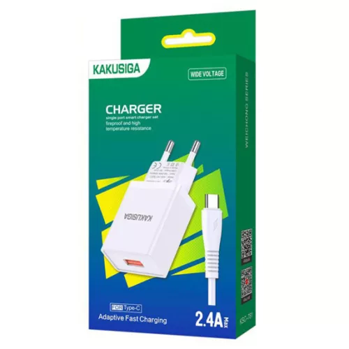 Incarcator casa Kakusiga KSC-781, cablu USB-C inclus, 18W, 2.4A, 1xUSB-A, QC 3.0, albe