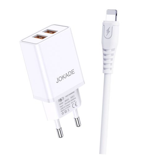 Set incarcator casa + cablu Lightning, JOKADE JB024, 2 porturi USB, 3A max, alb