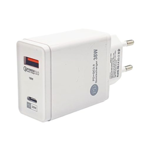 Incarcator telefon USB QC 3.0 + Type-C PD 3.0, 38W GaN, alb