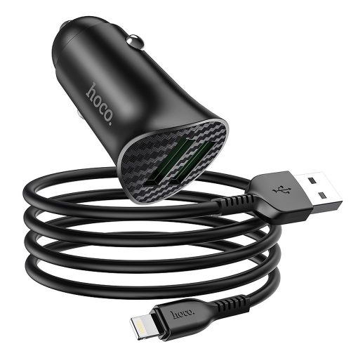 Incarcator auto Hoco Z39, dual port USB QC 3.0, 18W, cablu Lightning inclus, negru