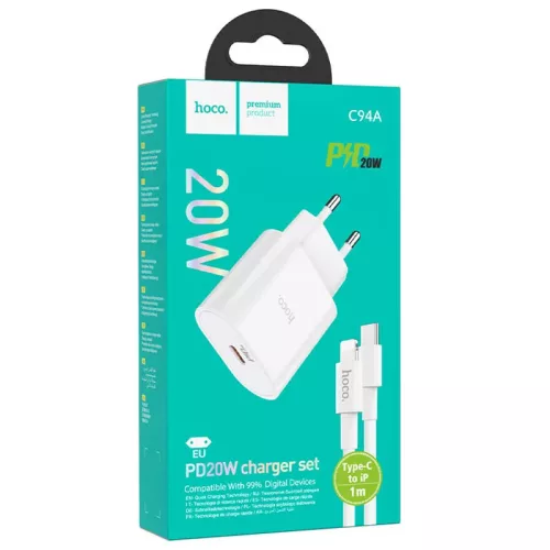 Incarcator casa Hoco C94A, 1 x USB-C PD 20W/3A, cablu Lightning inclus, incarcare rapida, albe