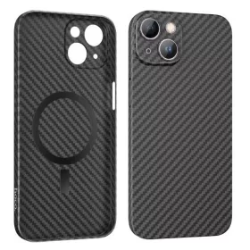   Husa protectie Apple iPhone 14, Hoco Premium Magsafe Carbon, textura kevlar, incarcare magsafe, neagra