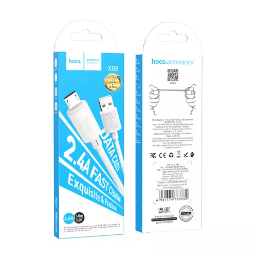 Cablu de date si incarcare MicroUSB Hoco X88, 18W/2.4A, 1 metru, alb