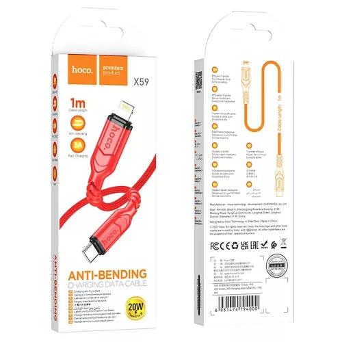 Cablu de date si incarcare Hoco X59, Type-C (USB-C) to Lightning, PD20W/3A, cablu impletit, 1 metru, rosu