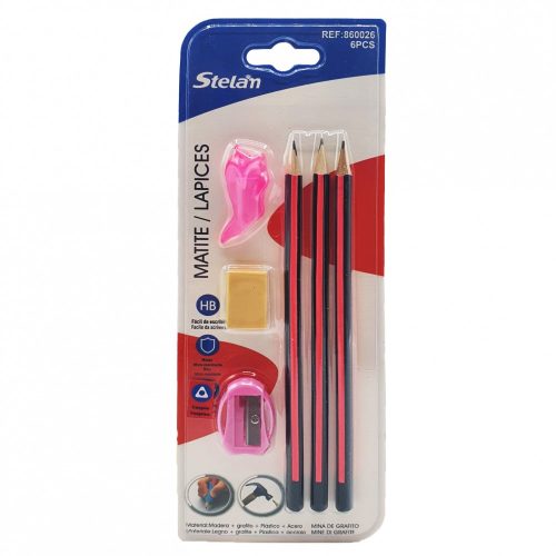 Set 3 creioane, ascutitoare, guma si suport, rosu/negru