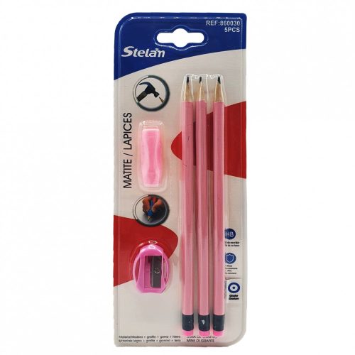 Set 3 creioane, ascutitoare si suport, roz