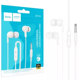   Casti audio cu microfon Hoco M124, conector jack 3.5 mm, cablu 1.2 m, albe