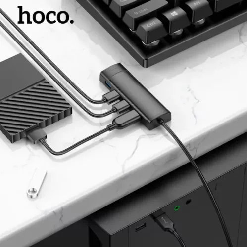 Hub USB Hoco HB41, Multiport, USB-C la 3 x USB-A 3.0, USB-A 2.0, 480Mps, 20 cm, negru
