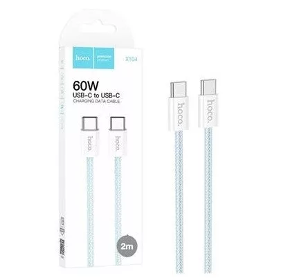 Cablu de date si incarcare HOCO, Type-C to Type-C, 60W, 2 metri, incarcare rapida, imbracat in material textil, albastru