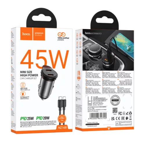 Set incarcator auto + cablu USB-C Hoco NZ16B, PD 45W, 2 x USB-C/PD, gri