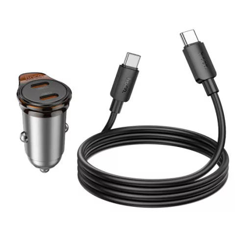 Set incarcator auto + cablu USB-C Hoco NZ16B, PD 45W, 2 x USB-C/PD, gri