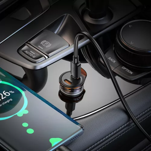 Set incarcator auto + cablu USB-C Hoco NZ16B, PD 45W, 2 x USB-C/PD, gri