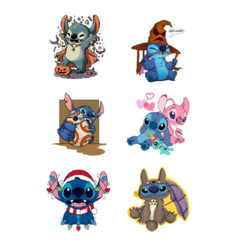 Set 6 stickere cu Stitch, Vinyl / PP autoadeziva Glossy, aprox. 8 x 6 cm