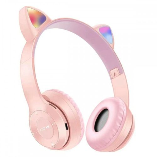 Casti Bluetooth Over Ear P47M, cu urechi, lumina LED RGB, roz