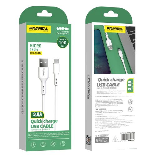 Cablu de date si incarcare USB to MicroUSB Pavareal DC181M, 1 metru, 3A, alb