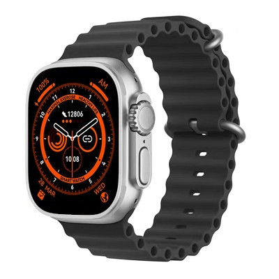Ceas smartwatch Series 8 Ultra, Bluetooth 5.0, incarcare wireless, monitorizare puls, aplicatii sport, argintiu cu curea neagra