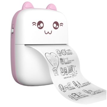   Mini imprimanta termica C9, compatibil iOS/Android, model pisicuta, roz