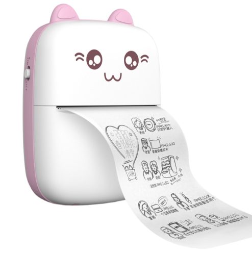 Mini imprimanta termica C9, compatibil iOS/Android, model pisicuta, roz