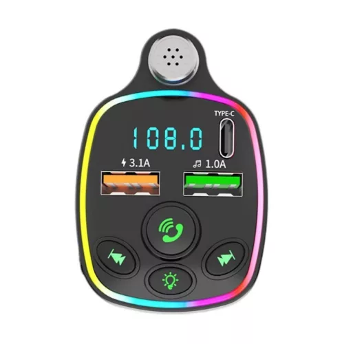 Modulator FM Bluetooth Andowl Q-C71, 2 porturi USB + 1 port PD, 5V/3.1A, lumini RGB, ecran LED, microfon handsfree, negru