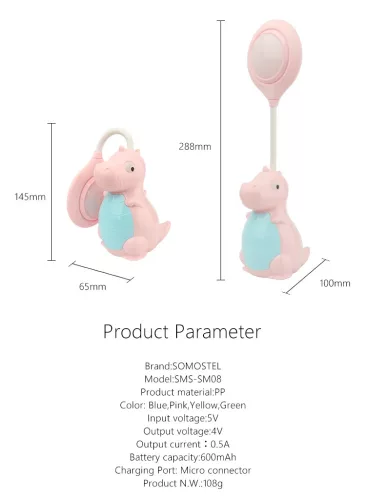 Lampa LED cu suport creioane si ascutitoare, functie lampa de veghe, dinozaur galben