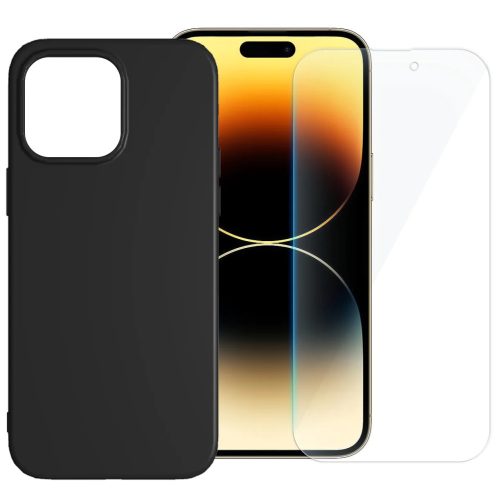 Set folie si husa Apple iPhone 14 Pro, sticla transparenta si Matt TPU, negru