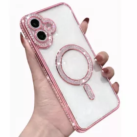   Husa Apple iPhone 16, Electroplating Bling Magsafe, protectie camera, margini roz