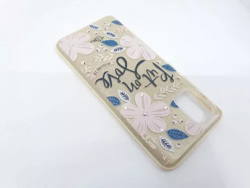 Husa Flowers Glitter pentru Samsung Galaxy S20 Ultra, cu mesaj, aurie