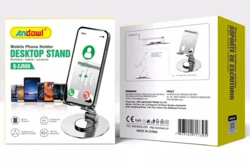 Suport birou Andowl Q-ZJ555, compatibil telefon sau tableta, universal, metalic, rotire 360 grade, argintiu