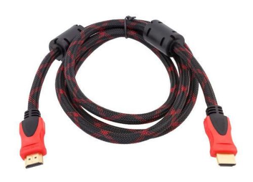 Cablu impletit HDMI to HDMI, mufe aurite, 1.5 metri, rosu cu negru