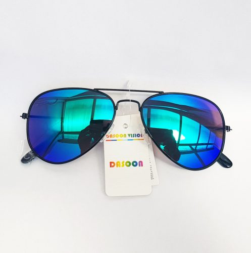 Ochelari de soare unisex, model aviator, UV400, lentile negre/albastre, efect oglinda, rama neagra, Small Size