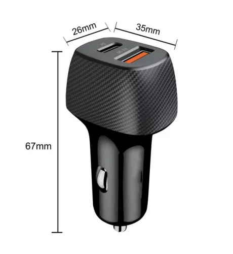 Incarcator auto cu 1 port PD/Type C si 1 port USB, maxim 3A, insertie aspect carbon, negru