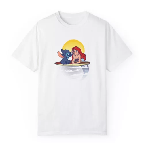 Tricou personalizat alb, copii/adulti, design Stitch si Sirena, modal, diverse marimi