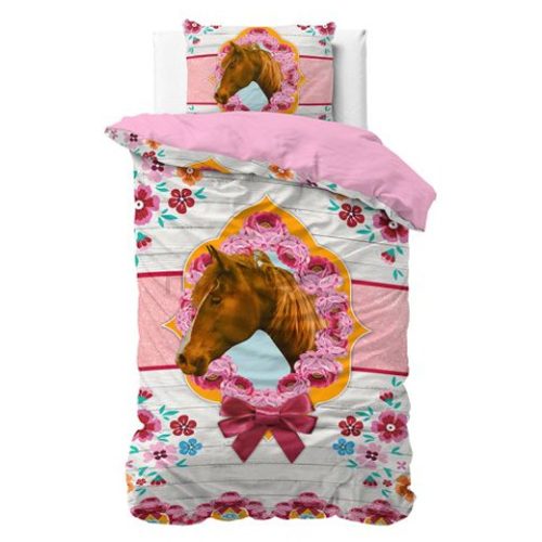 Lenjerie pat Dreamhouse Cute Horse Pink, bumbac 100%, husa 135 x 200 cm, 1 fata perna 80 x 80 cm