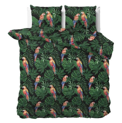 Lenjerie pat Sleeptime Tropical Parrot Green, bumbac amestec, husa 240 x 220 cm, 2 fete perna 60 x 70 cm