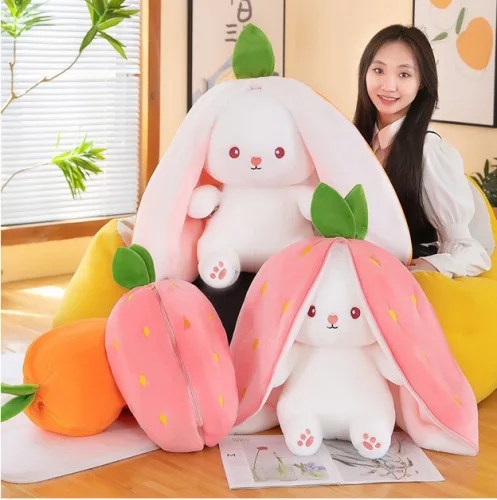 Jucarie de plus reversibila iepuras, Happy Bunny, capsuna, 25 cm
