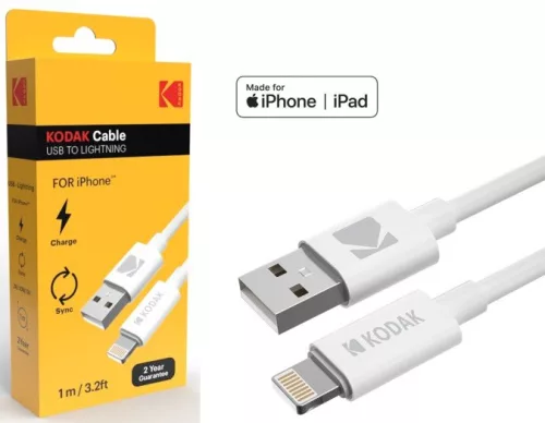 Cablu de date si incarcare Lightning (iPhone) KODAK, 1 metru, 2A/10W/5V, alb