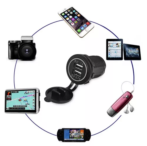 Încărcător Auto 12V/24V - 2.1A, 2 porturi USB, montaj Îngropat + Capac Protecție, pentru Mașină, Camion, Barcă