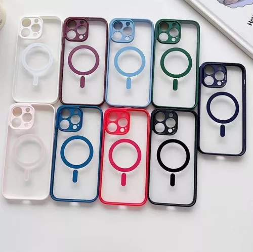 Husa Apple iPhone 15, Magsafe Colorful, spate transparent acryl, margini TPU roz