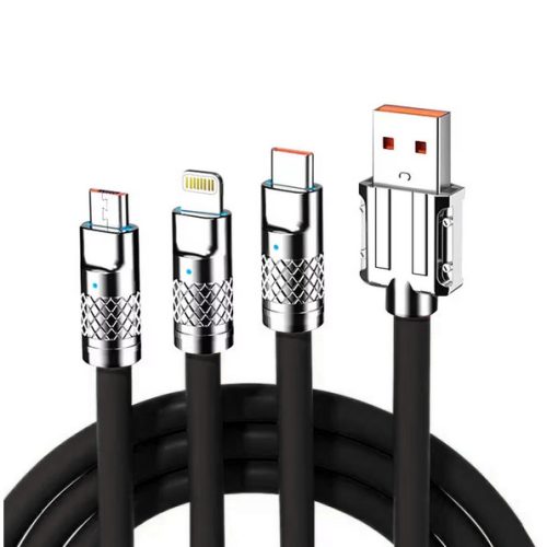 Cablu de incarcare cu 3 capete Type-C / Lightning / MicroUSB, 3A / 120W, 1.2 metri, capete metalice, cablu foarte gros, impletit, negru