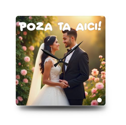 Ceas de perete/birou personalizat cu poza ta, cadran patrat din sticla, alimentare cu baterii